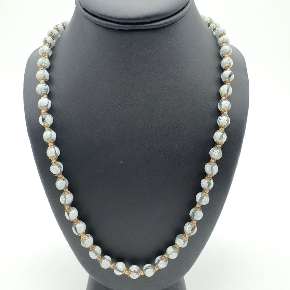 Vintage Venetian Glass Necklace Millefiori Beaded Gray White Hand Knotted NEW